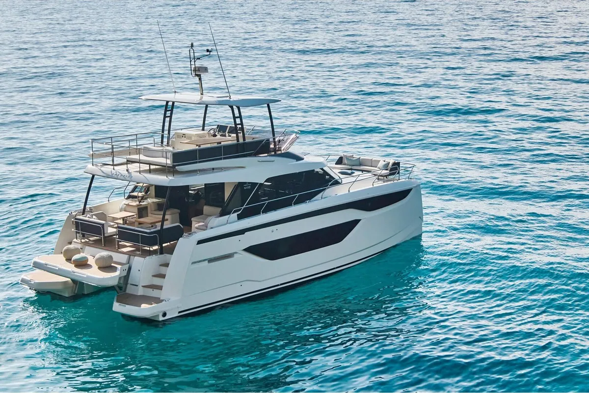 Exterior view of 'Nnamo, a Prestige M48 catamaran at Capo d'Orlando, Italy