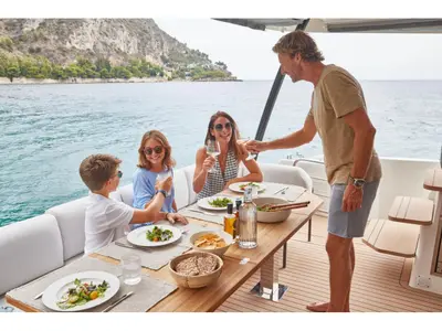 Deck of 'Nnamo, a Prestige M48 catamaran at Capo d'Orlando, Italy