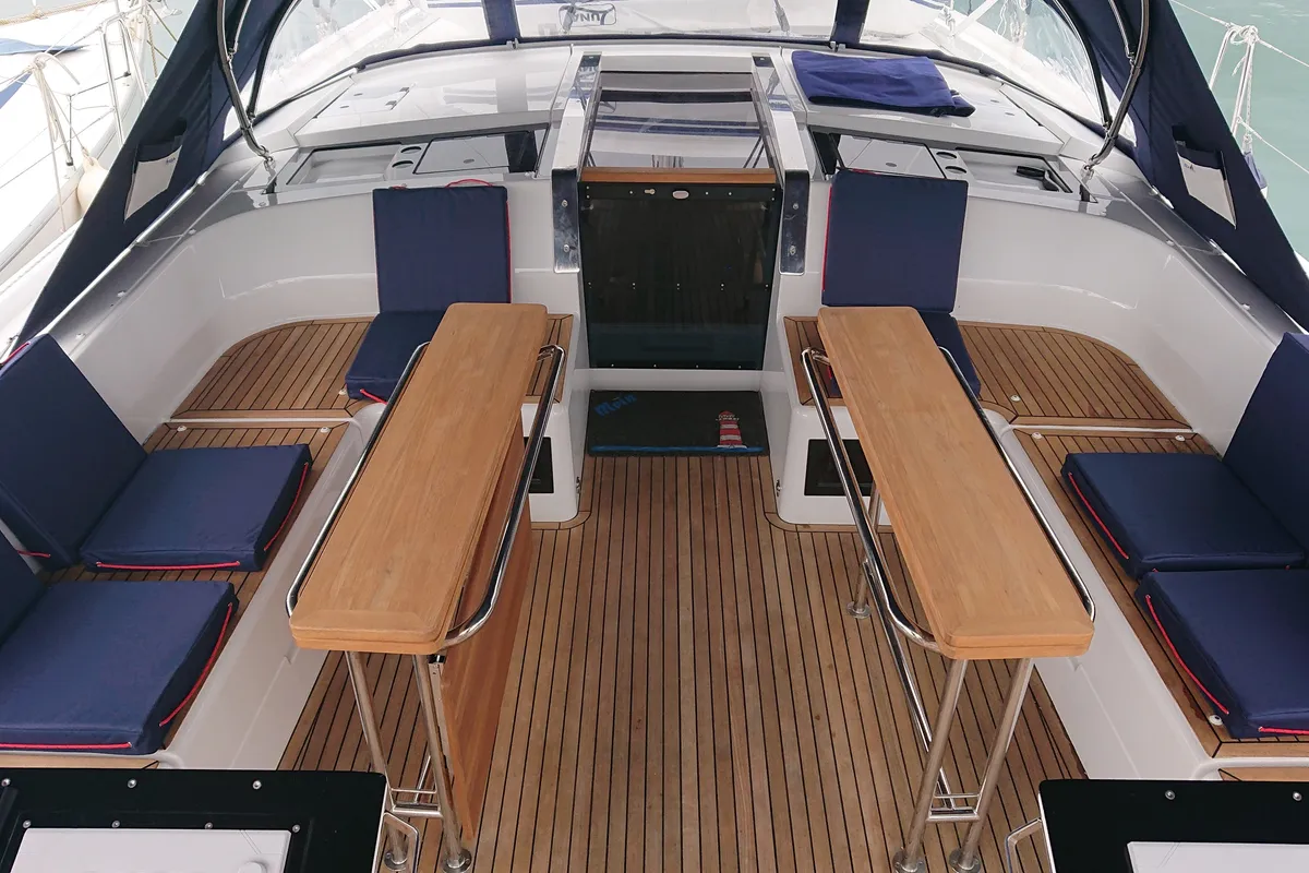 Deck of Vaya, a Hanse 460 sailboat at Medulin, Croatia