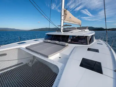 Deck of Elsa, a Fountaine Pajot Tanna 47 catamaran at Piombino, Italy