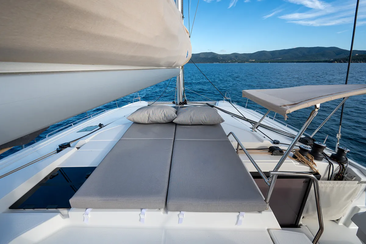 Deck of Elsa, a Fountaine Pajot Tanna 47 catamaran at Piombino, Italy