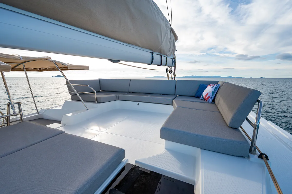Deck of Elsa, a Fountaine Pajot Tanna 47 catamaran at Piombino, Italy