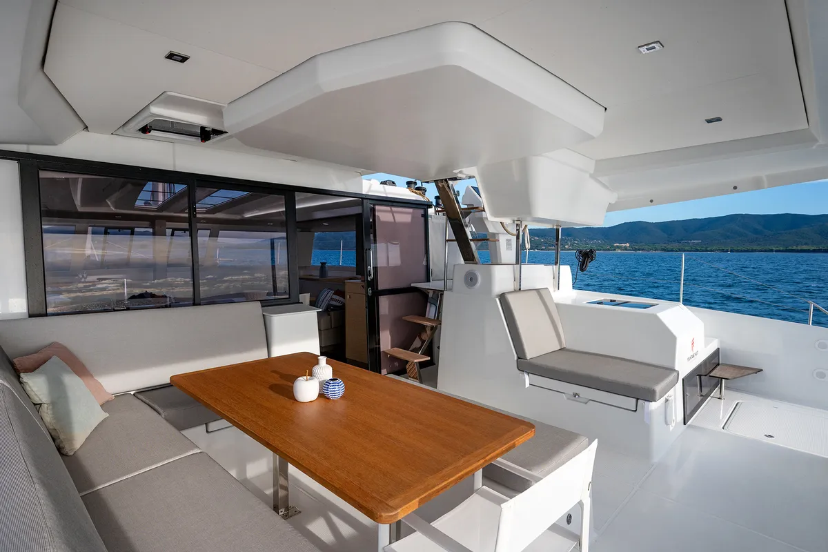 Deck of Elsa, a Fountaine Pajot Tanna 47 catamaran at Piombino, Italy
