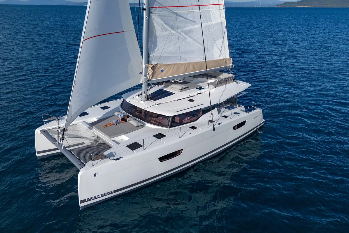 Exterior view of Elsa, a Fountaine Pajot Tanna 47 catamaran at Piombino, Italy