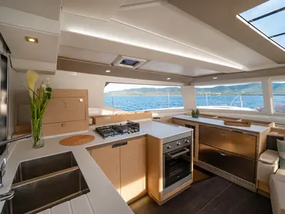 Galley of Elsa, a Fountaine Pajot Tanna 47 catamaran at Piombino, Italy