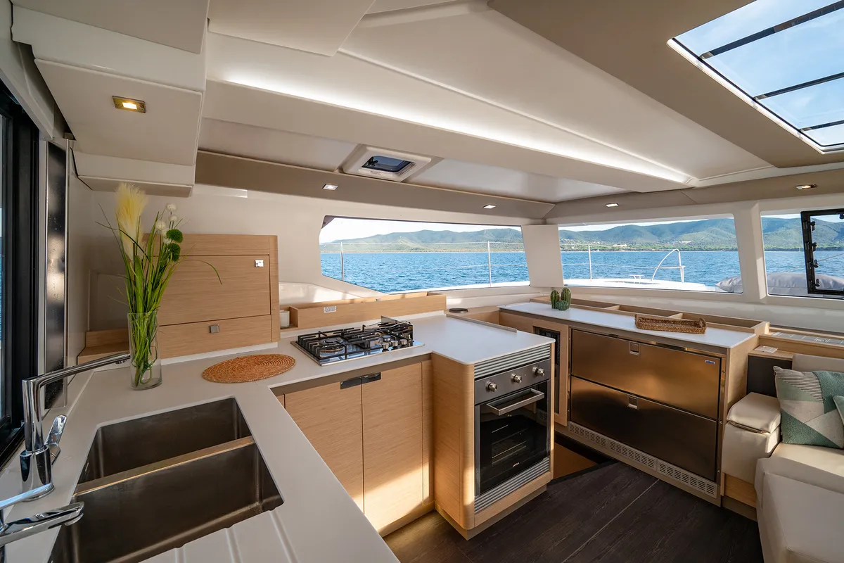 Galley of Elsa, a Fountaine Pajot Tanna 47 catamaran at Piombino, Italy