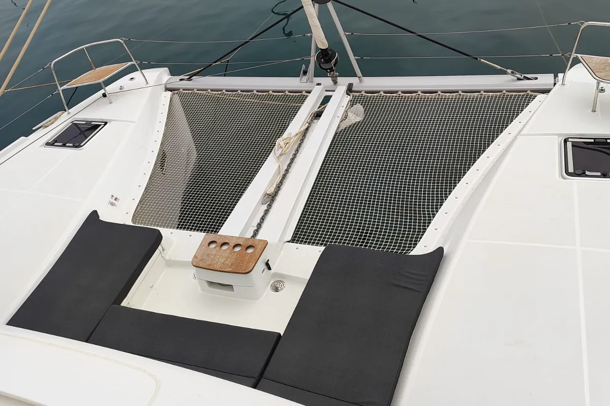 Deck of Lady Mary, a Lagoon 46 catamaran at Lavrion, Greece