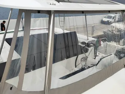 Cockpit of Lady Mary, a Lagoon 46 catamaran at Lavrion, Greece