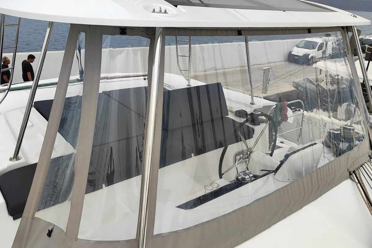 Cockpit of Lady Mary, a Lagoon 46 catamaran at Lavrion, Greece