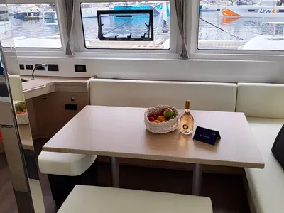 Salon of Lady Mary, a Lagoon 46 catamaran at Lavrion, Greece