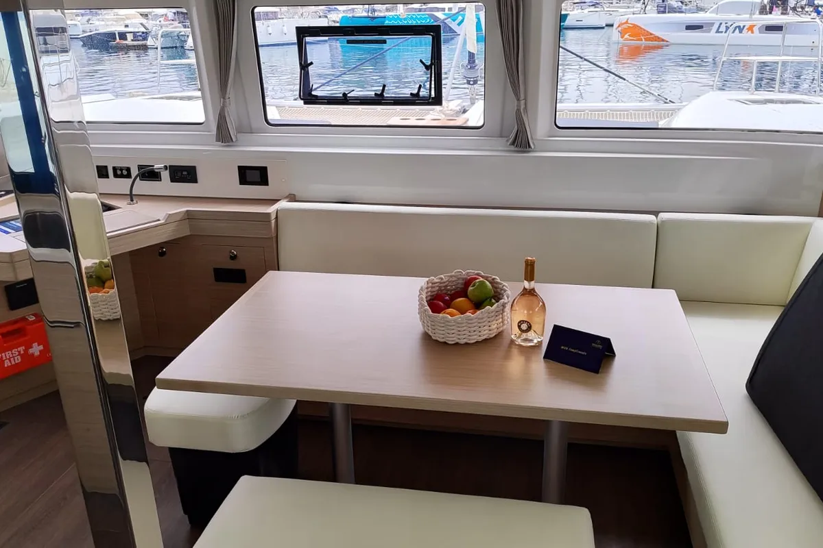 Salon of Lady Mary, a Lagoon 46 catamaran at Lavrion, Greece