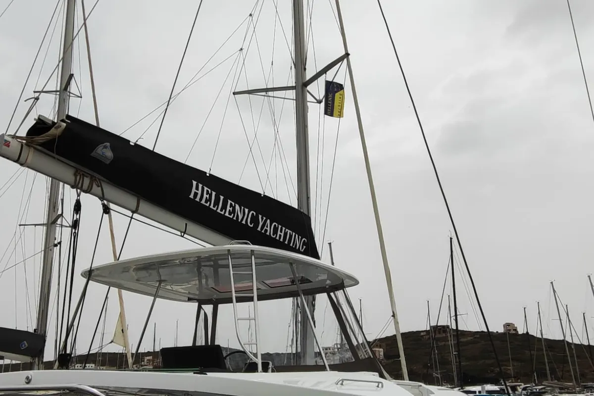 Exterior view of Lady Mary, a Lagoon 46 catamaran at Lavrion, Greece