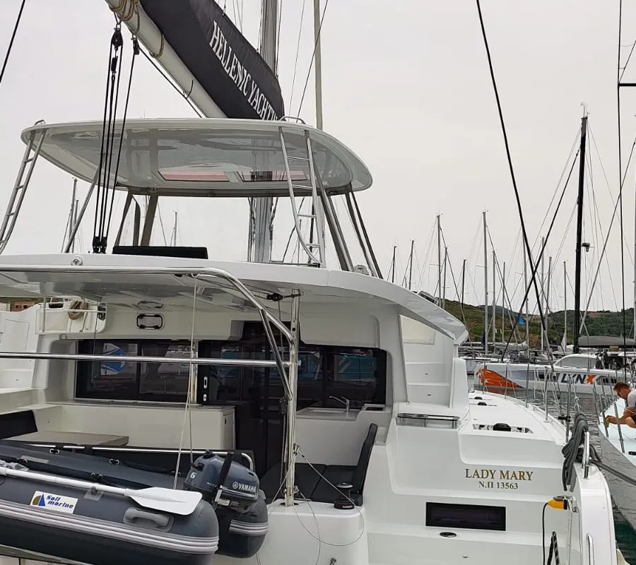 Exterior view of Lady Mary, a Lagoon 46 catamaran at Lavrion, Greece