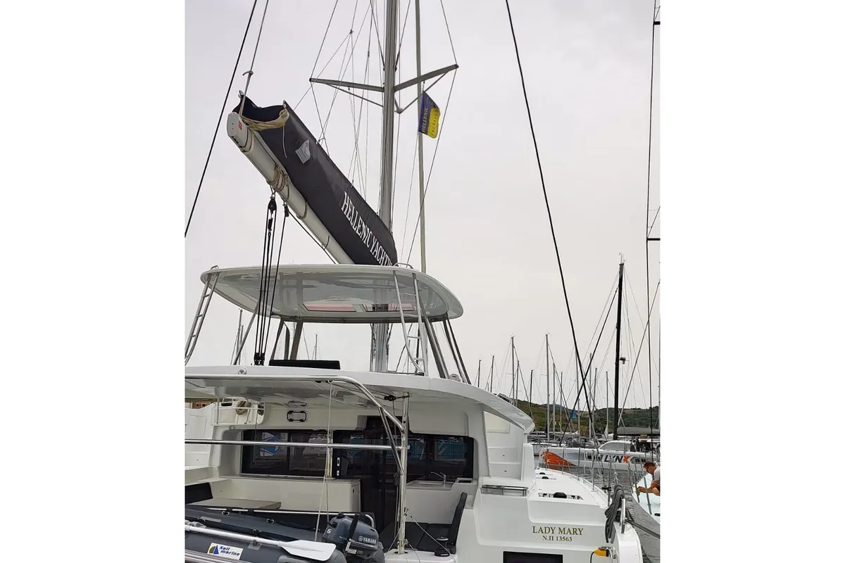 Exterior view of Lady Mary, a Lagoon 46 catamaran at Lavrion, Greece