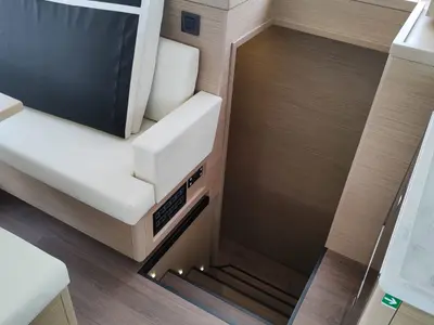 Salon of Lady Mary, a Lagoon 46 catamaran at Lavrion, Greece