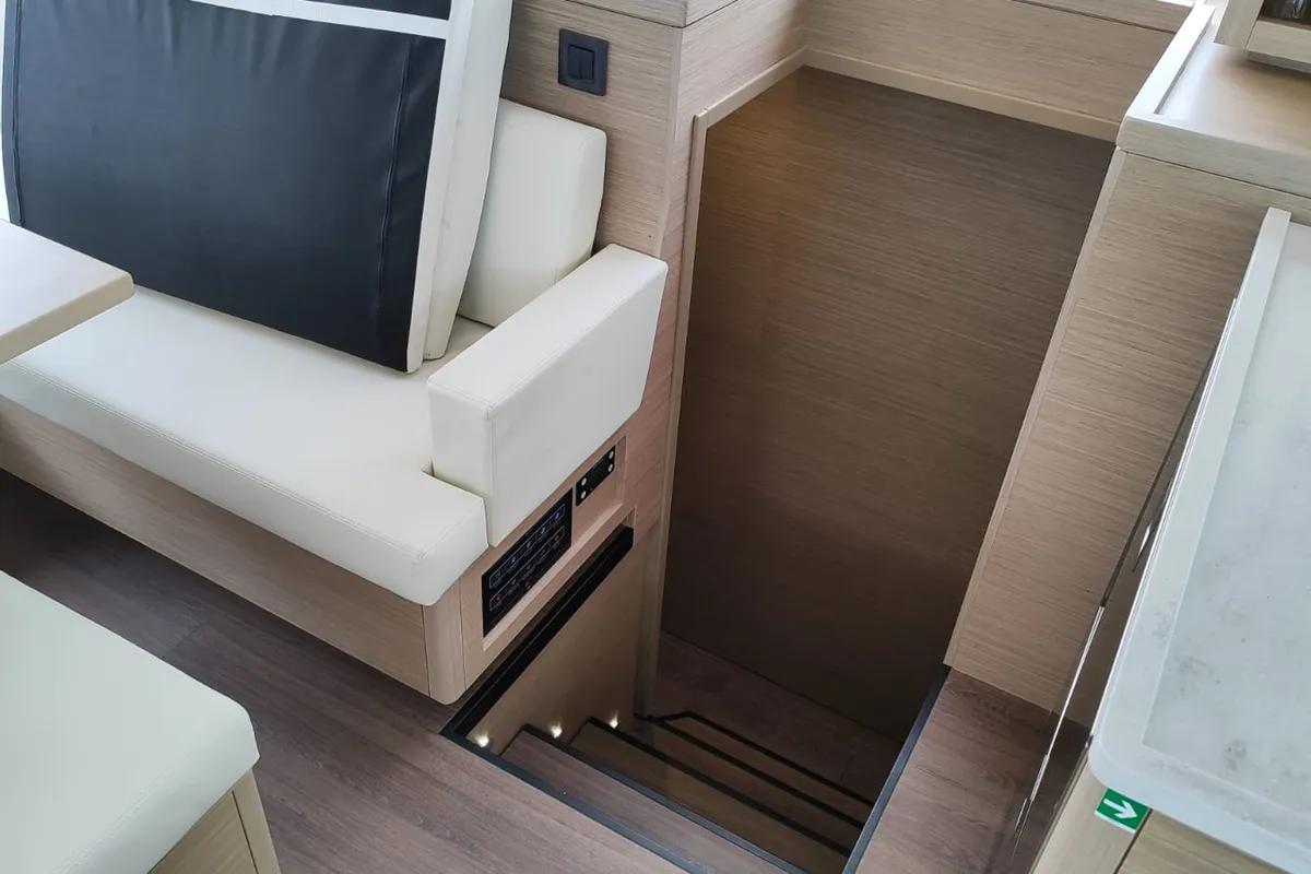 Salon of Lady Mary, a Lagoon 46 catamaran at Lavrion, Greece