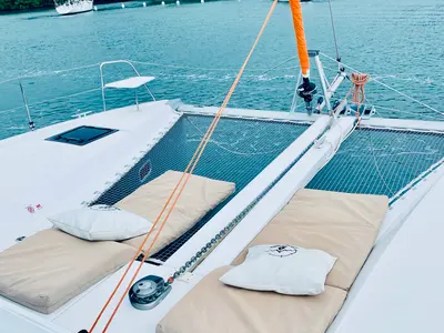 Deck of Moana Ibiza Bareboat, a Excess 11 catamaran at Ibiza, Spain