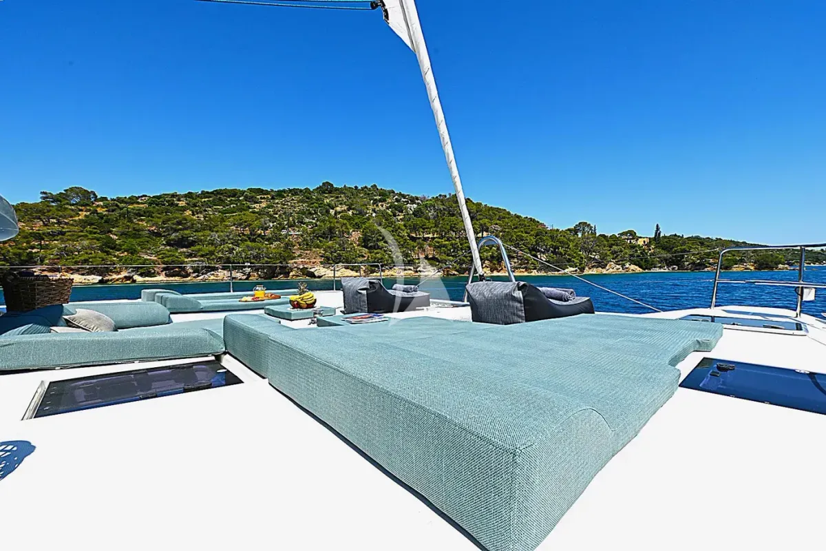 Deck of Ace of Hearts, a Lagoon 52 catamaran at Athens, Greece