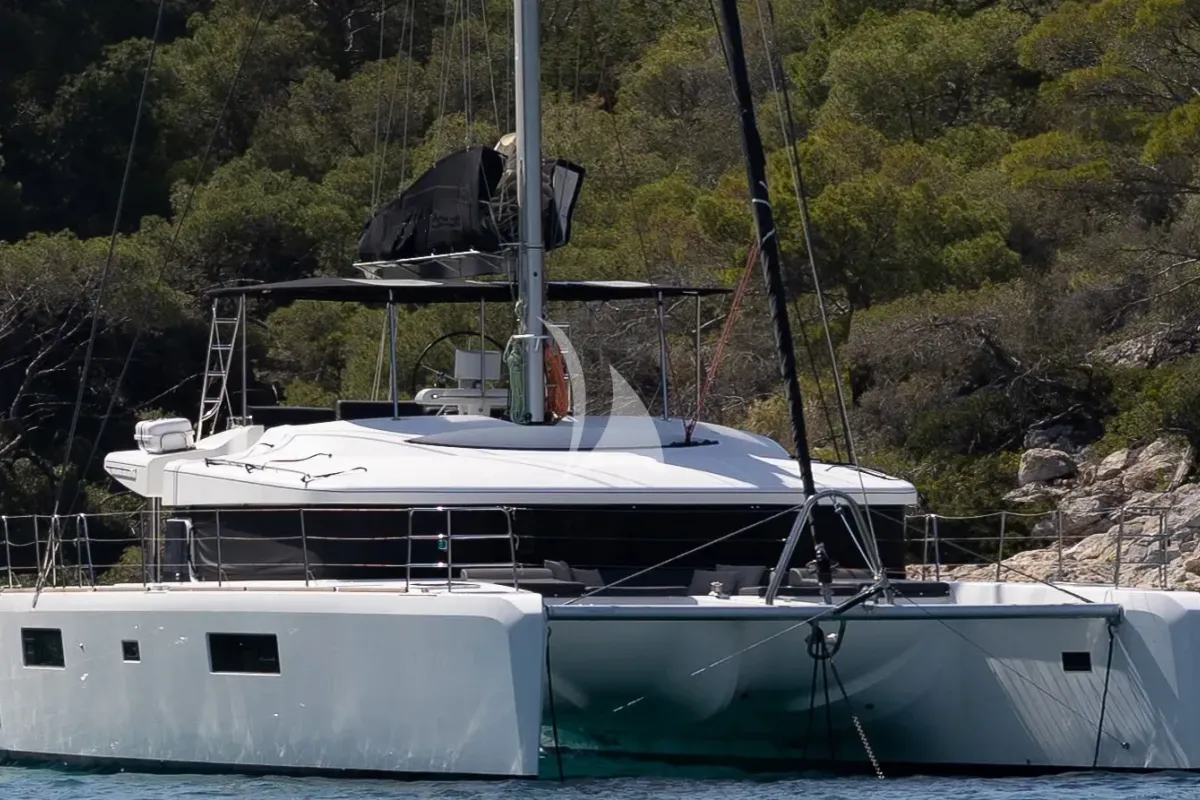 Exterior view of Ace of Hearts, a Lagoon 52 catamaran at Athens, Greece