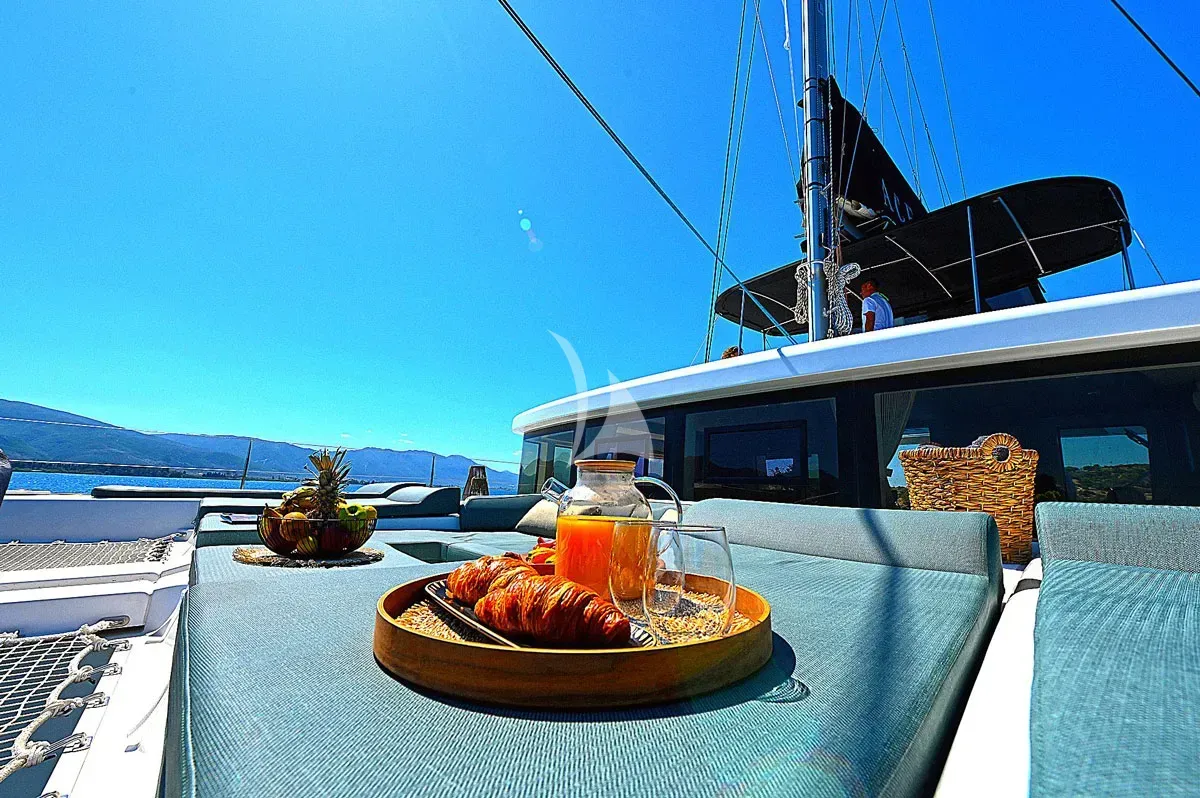 Deck of Ace of Hearts, a Lagoon 52 catamaran at Athens, Greece