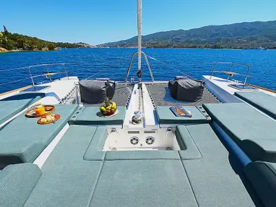 Deck of Ace of Hearts, a Lagoon 52 catamaran at Athens, Greece