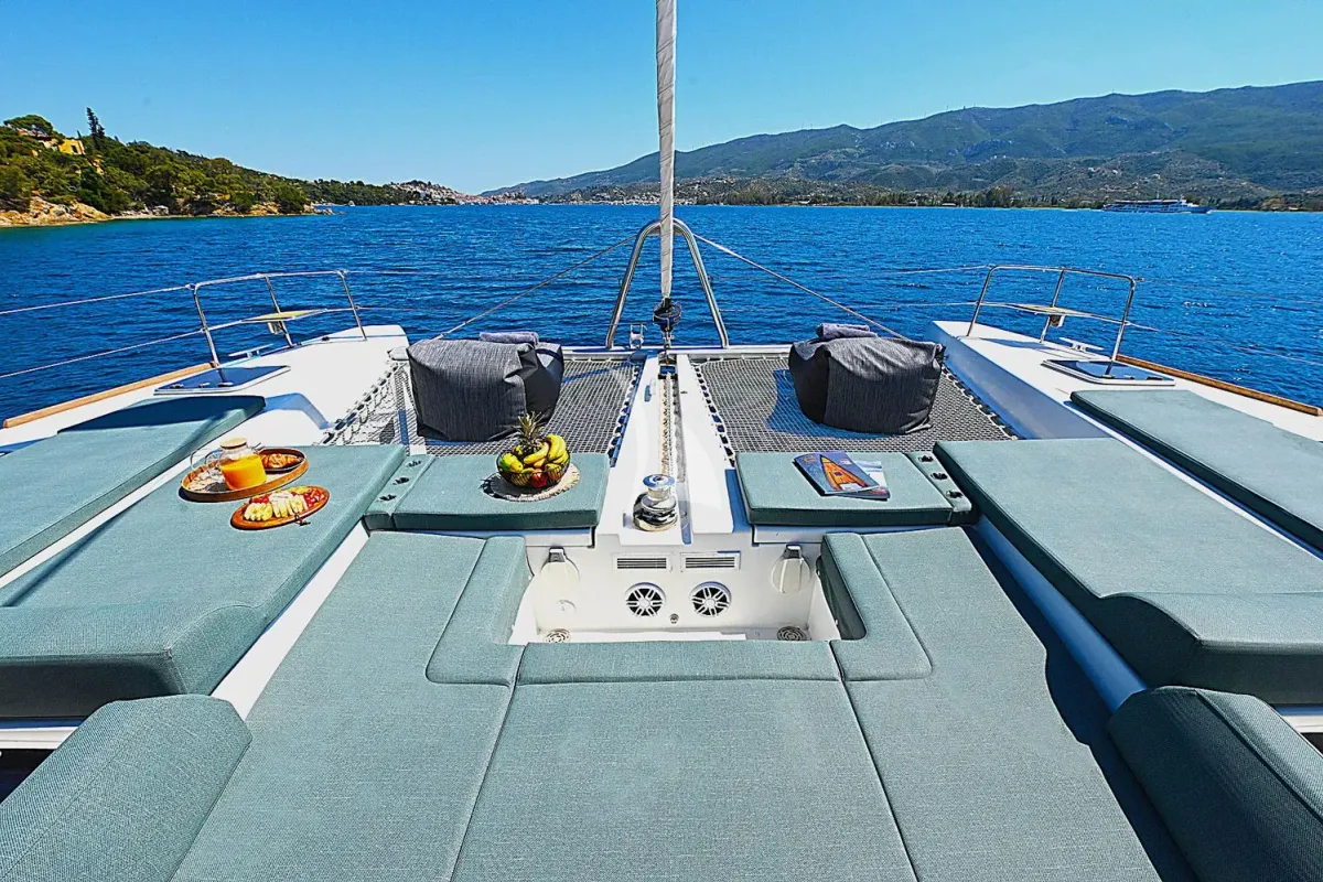 Deck of Ace of Hearts, a Lagoon 52 catamaran at Athens, Greece