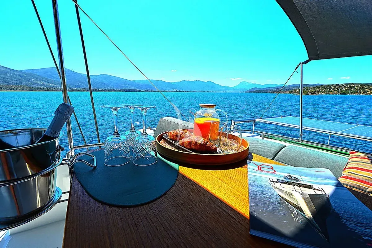 Deck of Ace of Hearts, a Lagoon 52 catamaran at Athens, Greece