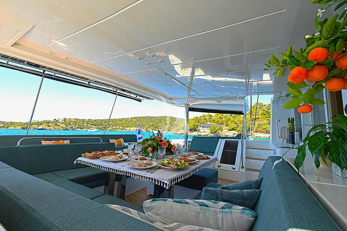Deck of Ace of Hearts, a Lagoon 52 catamaran at Athens, Greece