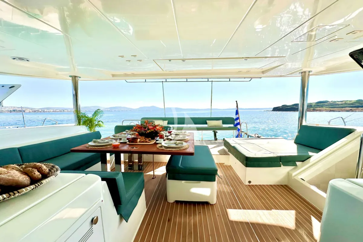 Deck of Ace of Hearts, a Lagoon 52 catamaran at Athens, Greece