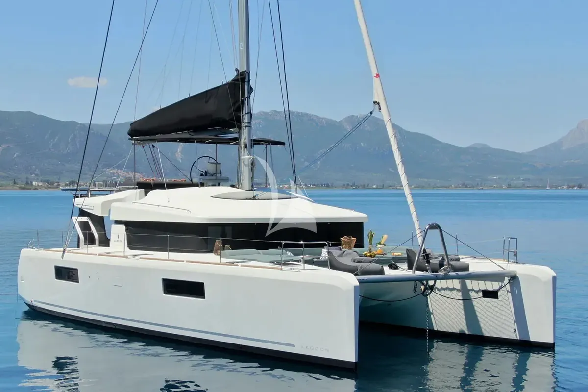 Exterior view of Ace of Hearts, a Lagoon 52 catamaran at Athens, Greece