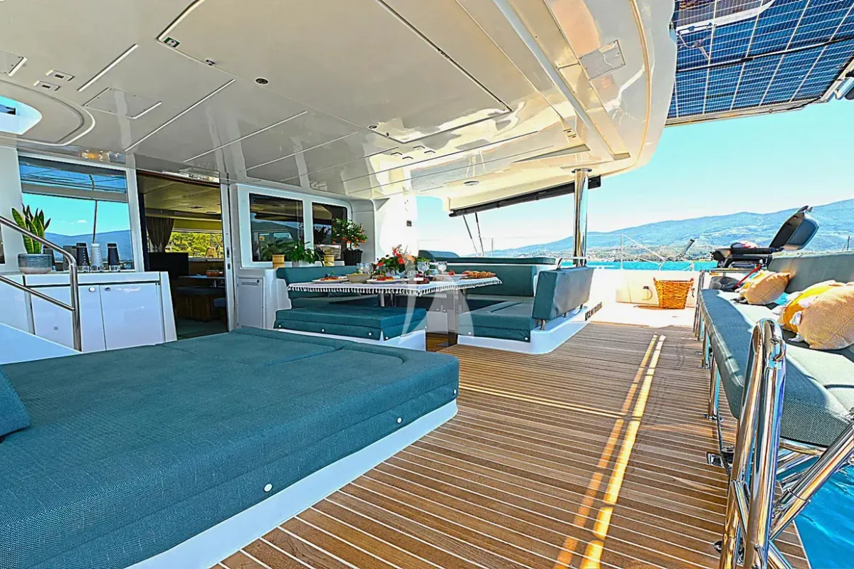 Deck of Ace of Hearts, a Lagoon 52 catamaran at Athens, Greece