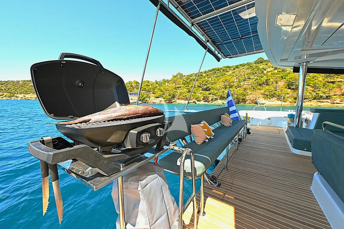 Deck of Ace of Hearts, a Lagoon 52 catamaran at Athens, Greece