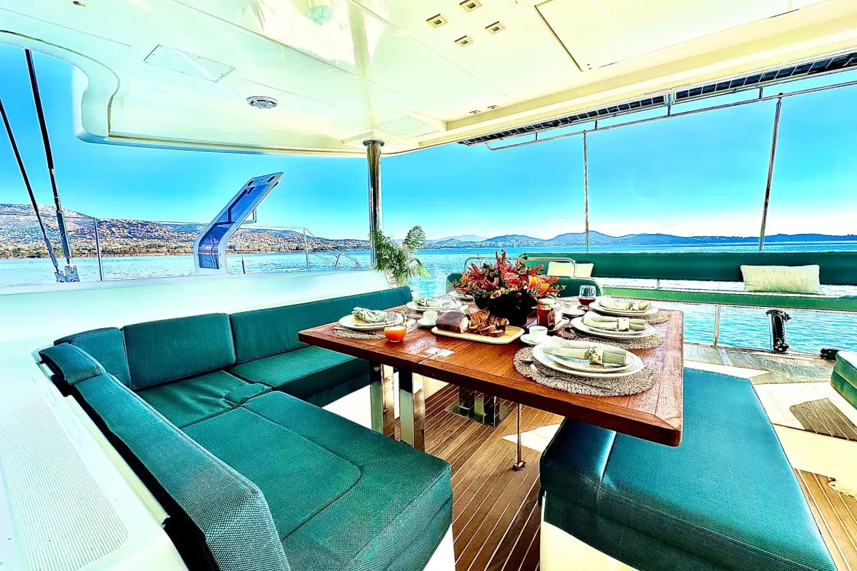 Deck of Ace of Hearts, a Lagoon 52 catamaran at Athens, Greece
