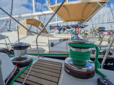 Deck of Maria 2, a Jeanneau 54 sailboat at Athens, Greece