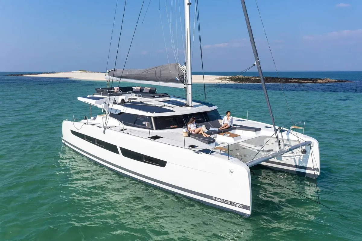 Exterior view of Last Mango, a Fountaine Pajot Aura 51 catamaran at Road Town, British Virgin Islands
