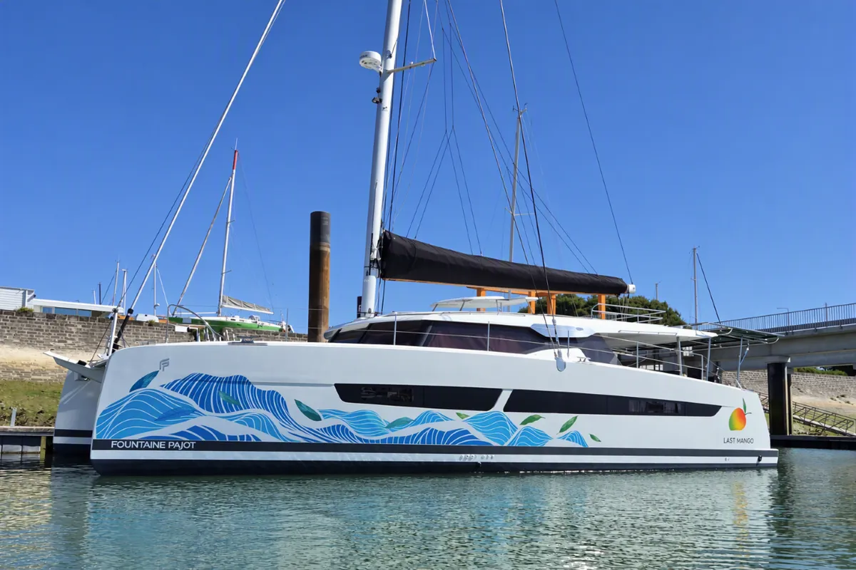 Exterior view of Last Mango, a Fountaine Pajot Aura 51 catamaran at Road Town, British Virgin Islands
