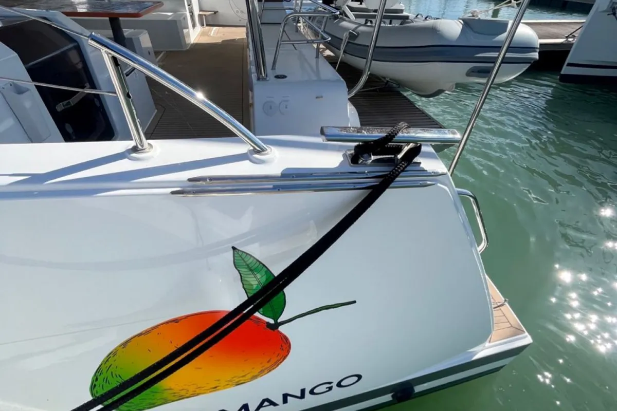 Exterior view of Last Mango, a Fountaine Pajot Aura 51 catamaran at Road Town, British Virgin Islands