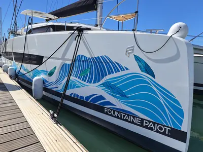 Exterior view of Last Mango, a Fountaine Pajot Aura 51 catamaran at Road Town, British Virgin Islands