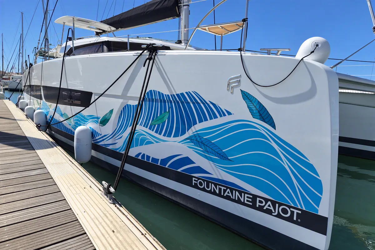 Exterior view of Last Mango, a Fountaine Pajot Aura 51 catamaran at Road Town, British Virgin Islands