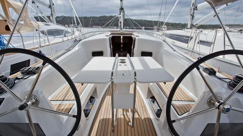 Cockpit of SheShe, a Jeanneau Sun Odyssey 349 sailboat at Grad Pula, Croatia
