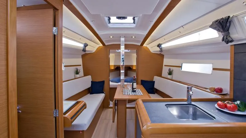 Salon of SheShe, a Jeanneau Sun Odyssey 349 sailboat at Grad Pula, Croatia