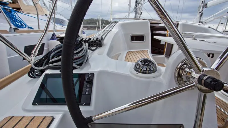Cockpit of SheShe, a Jeanneau Sun Odyssey 349 sailboat at Grad Pula, Croatia