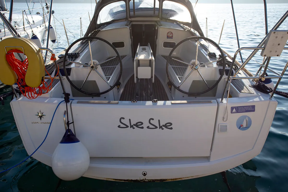 Exterior view of SheShe, a Jeanneau Sun Odyssey 349 sailboat at Grad Pula, Croatia