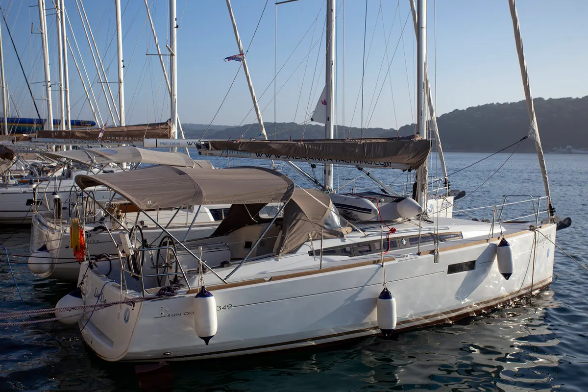 Exterior view of SheShe, a Jeanneau Sun Odyssey 349 sailboat at Grad Pula, Croatia