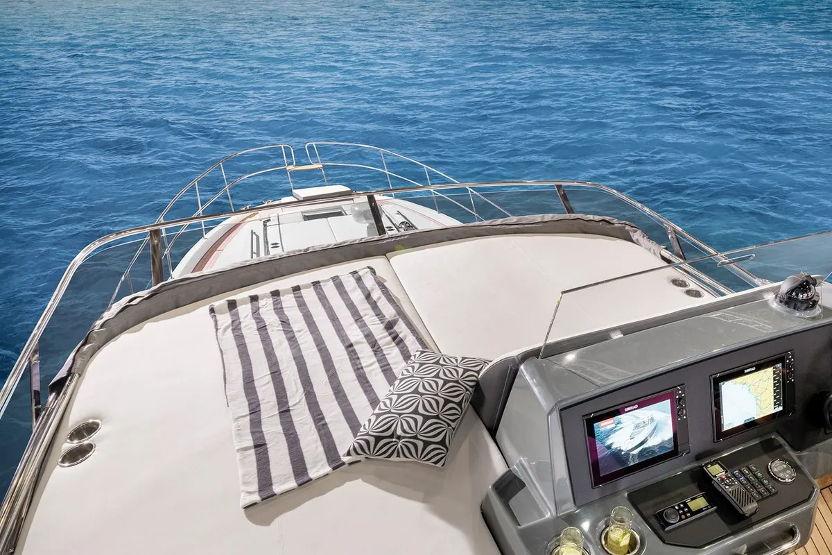 Deck of Ela, a Bavaria R55 Fly motor yacht at Seget Donji, Croatia