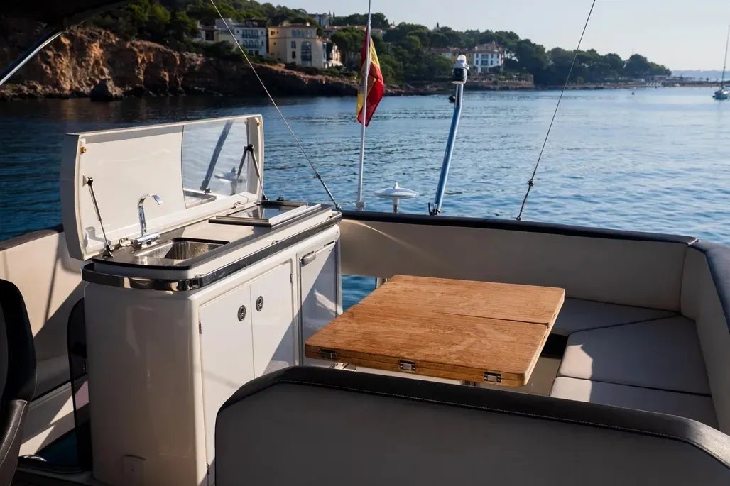 Deck of Ela, a Bavaria R55 Fly motor yacht at Seget Donji, Croatia