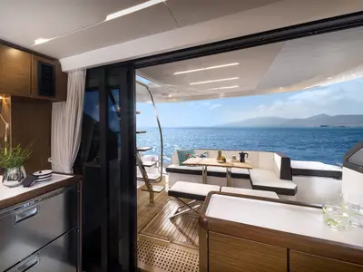 Salon of Ela, a Bavaria R55 Fly motor yacht at Seget Donji, Croatia
