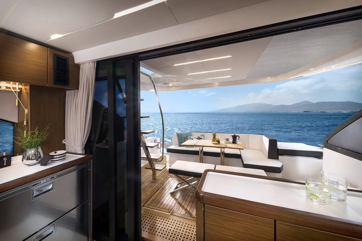 Salon of Ela, a Bavaria R55 Fly motor yacht at Seget Donji, Croatia