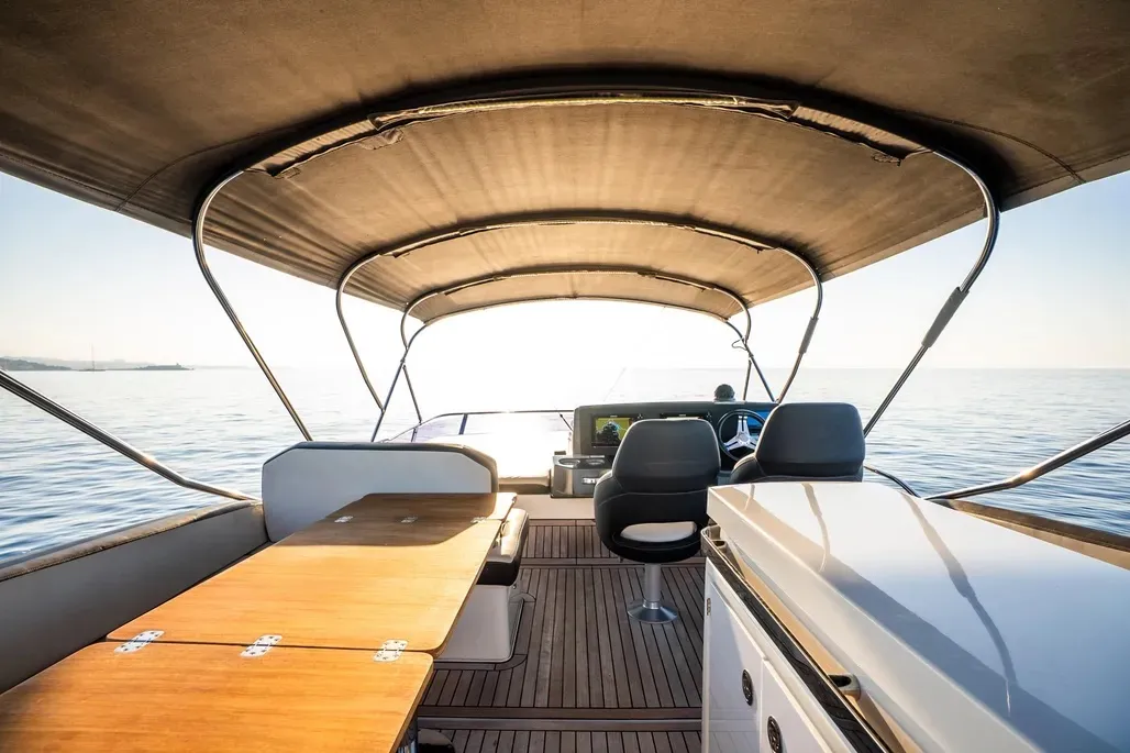 Cockpit of Ela, a Bavaria R55 Fly motor yacht at Seget Donji, Croatia