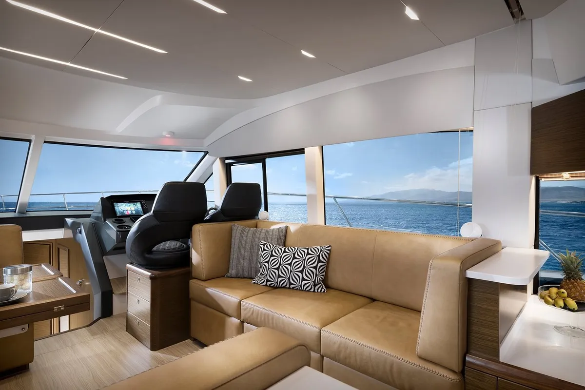Salon of Ela, a Bavaria R55 Fly motor yacht at Seget Donji, Croatia